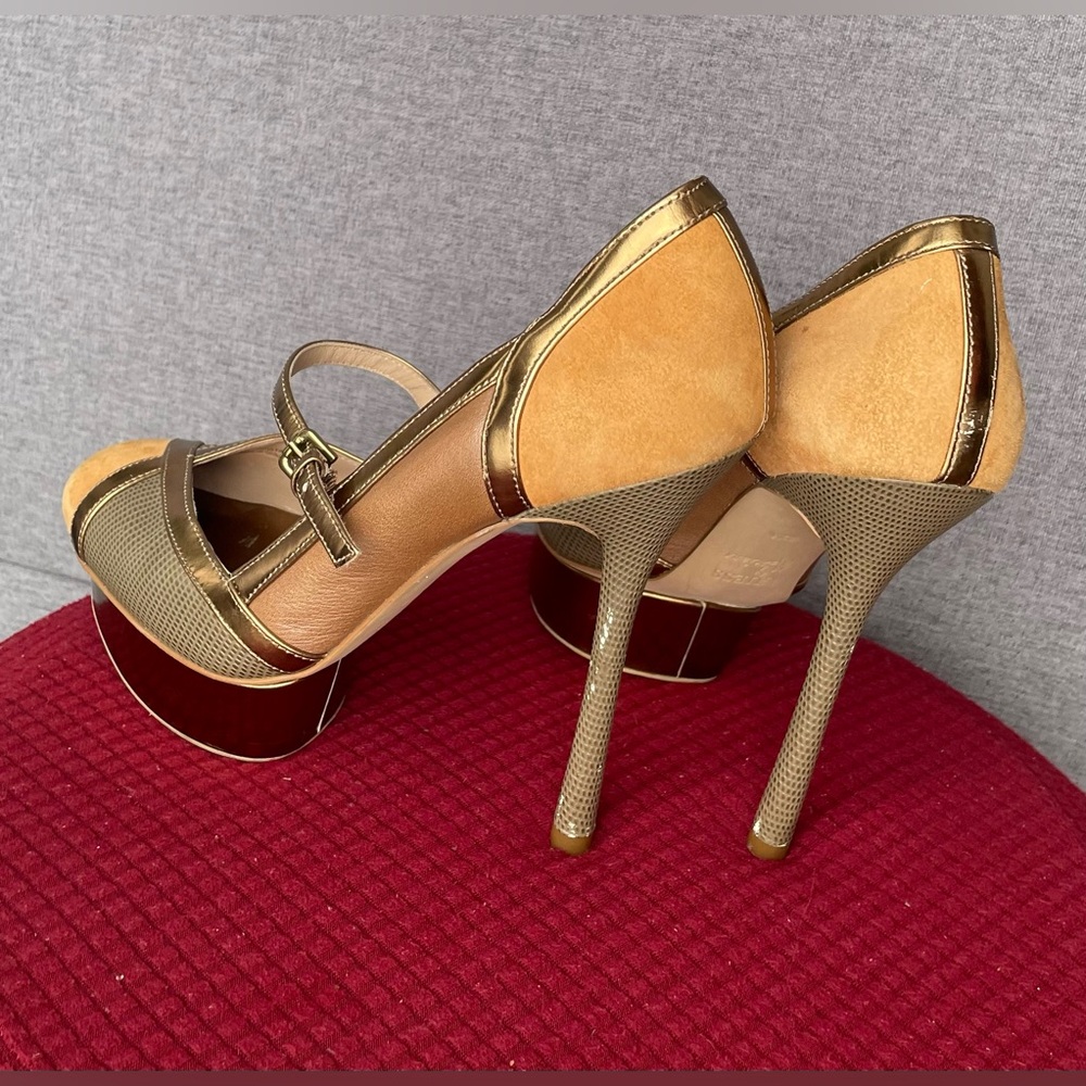 Guess Metallic Gold and Tan Peep-Toe Mary Jane Heels